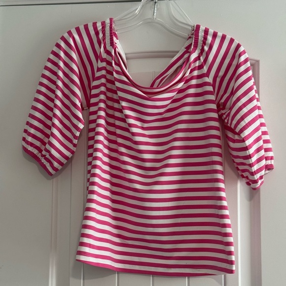 J. McLaughlin Top Off The Shoulder Pink Striped Puff 3/4 Sleeves Stretchy Small - Picture 1 of 4